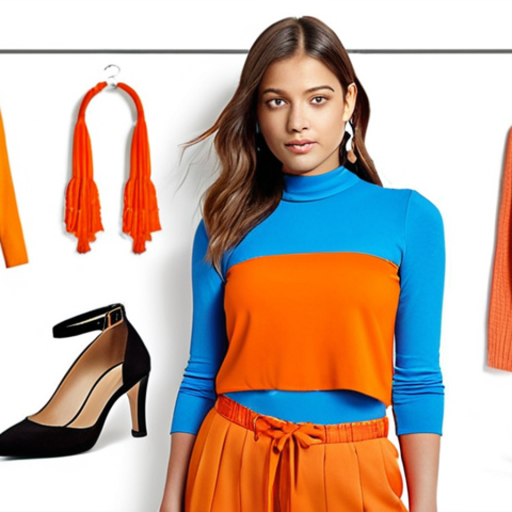 **Creative Color Combinations**: Create an outfit display showcasing various color combinations that evoke different moods. Include elements such as a serene blue top paired with vibrant orange accessories, emphasizing harmony and energy.