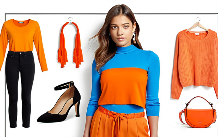 **Creative Color Combinations**: Create an outfit display showcasing various color combinations that evoke different moods. Include elements such as a serene blue top paired with vibrant orange accessories, emphasizing harmony and energy.