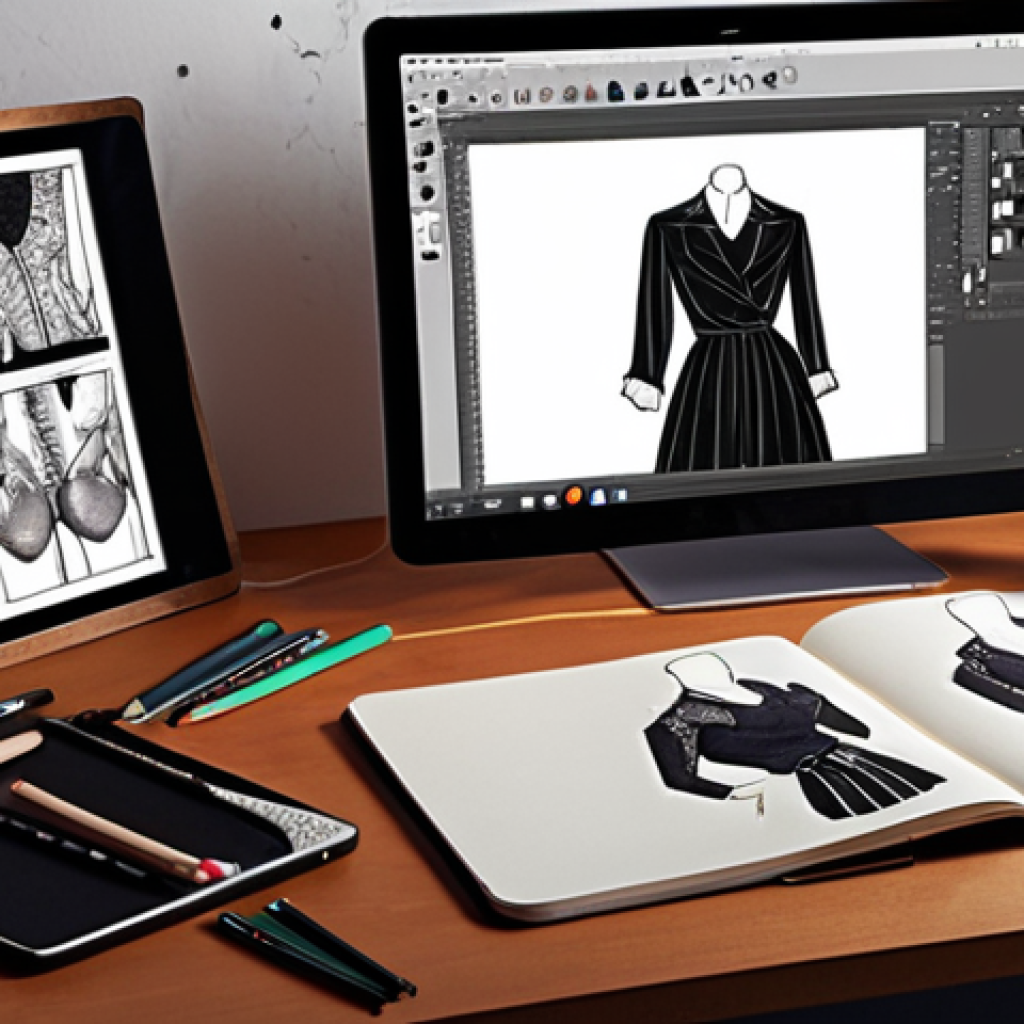 **

A fashion designer's studio, contrasting traditional and digital tools. On one side, a romantically lit desk with a well-used sketchbook, pencils, erasers, and fabric swatches. On the other side, a modern setup featuring a graphic tablet displaying a detailed fashion illustration, with software like Procreate or Photoshop visible on a nearby monitor. The overall mood is creative and inspiring, highlighting the evolution of fashion design.

**