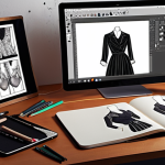 **

A fashion designer's studio, contrasting traditional and digital tools. On one side, a romantically lit desk with a well-used sketchbook, pencils, erasers, and fabric swatches. On the other side, a modern setup featuring a graphic tablet displaying a detailed fashion illustration, with software like Procreate or Photoshop visible on a nearby monitor. The overall mood is creative and inspiring, highlighting the evolution of fashion design.

**