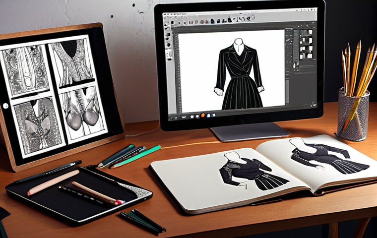 **
A fashion designer's studio, contrasting traditional and digital tools. On one side, a romantically lit desk with a well-used sketchbook, pencils, erasers, and fabric swatches. On the other side, a modern setup featuring a graphic tablet displaying a detailed fashion illustration, with software like Procreate or Photoshop visible on a nearby monitor. The overall mood is creative and inspiring, highlighting the evolution of fashion design.
**