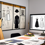 **

Prompt: "A young fashion designer in a bright, modern studio, surrounded by sketches, fabric swatches, and mood boards. She is working on a digital design program on a large monitor, showcasing a 3D rendering of a dress. Her inspiration comes from a vintage Parisian fashion archive, with old photographs and garment sketches pinned to the wall. Natural light floods the room, highlighting the fusion of classic and cutting-edge design."

**