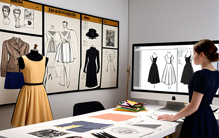 **

Prompt: "A young fashion designer in a bright, modern studio, surrounded by sketches, fabric swatches, and mood boards. She is working on a digital design program on a large monitor, showcasing a 3D rendering of a dress. Her inspiration comes from a vintage Parisian fashion archive, with old photographs and garment sketches pinned to the wall. Natural light floods the room, highlighting the fusion of classic and cutting-edge design."

**