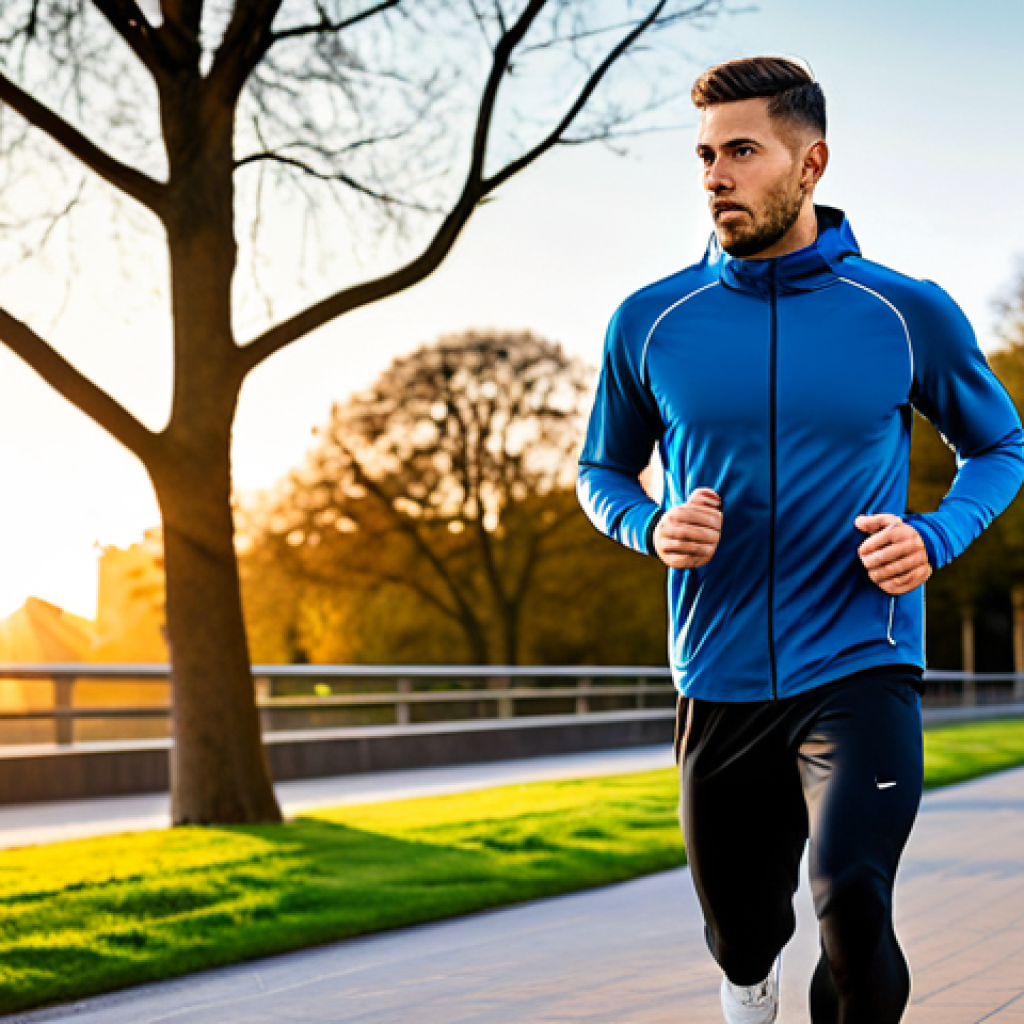 A professional male athlete, fully clothed in innovative high-tech sportswear, designed for superior performance tracking and advanced temperature regulation. He is captured in a natural, dynamic running pose in a modern urban park at sunrise, showcasing the seamless integration of subtle sensors and sleek, ergonomic fabric design. His clothing is modest and appropriate attire. The image highlights correct proportions, perfect anatomy, well-formed hands, and proper finger count. Professional sports photography style, bright lighting, high quality, safe for work, appropriate content, family-friendly.