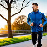 A professional male athlete, fully clothed in innovative high-tech sportswear, designed for superior performance tracking and advanced temperature regulation. He is captured in a natural, dynamic running pose in a modern urban park at sunrise, showcasing the seamless integration of subtle sensors and sleek, ergonomic fabric design. His clothing is modest and appropriate attire. The image highlights correct proportions, perfect anatomy, well-formed hands, and proper finger count. Professional sports photography style, bright lighting, high quality, safe for work, appropriate content, family-friendly.