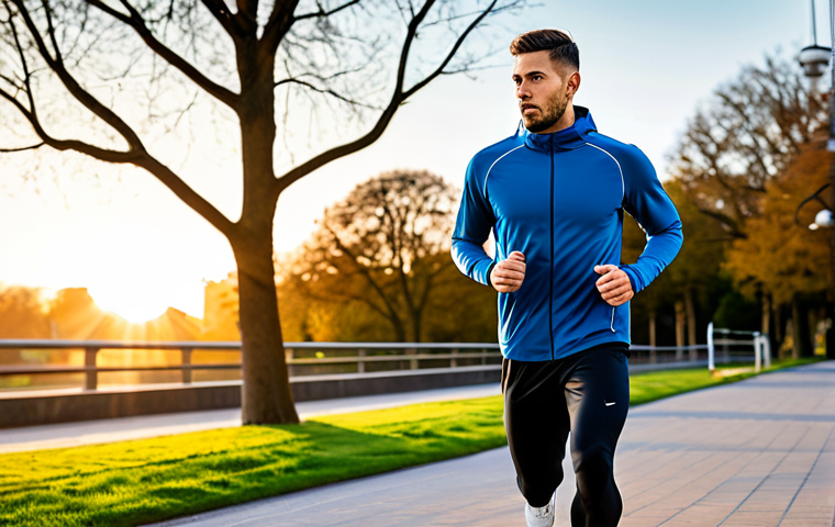 A professional male athlete, fully clothed in innovative high-tech sportswear, designed for superior performance tracking and advanced temperature regulation. He is captured in a natural, dynamic running pose in a modern urban park at sunrise, showcasing the seamless integration of subtle sensors and sleek, ergonomic fabric design. His clothing is modest and appropriate attire. The image highlights correct proportions, perfect anatomy, well-formed hands, and proper finger count. Professional sports photography style, bright lighting, high quality, safe for work, appropriate content, family-friendly.