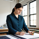 A professional female textile designer, wearing a modest and appropriate professional dress, fully clothed. She is standing in a modern, sunlit fashion design studio. The studio is clean and organized, featuring large design tables with blueprints, fabric swatches, and drawing tools. Rolls of various high-quality fabrics are neatly stacked in the background. She is intently focused on a detailed fabric pattern, holding a ruler and a marking tool, indicating precision in the design process. Perfect anatomy, correct proportions, natural pose, well-formed hands, proper finger count, natural body proportions, professional photography, high-resolution, sharp focus, safe for work, appropriate content, fully clothed, professional.