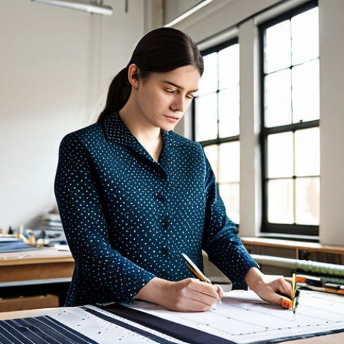 A professional female textile designer, wearing a modest and appropriate professional dress, fully clothed. She is standing in a modern, sunlit fashion design studio. The studio is clean and organized, featuring large design tables with blueprints, fabric swatches, and drawing tools. Rolls of various high-quality fabrics are neatly stacked in the background. She is intently focused on a detailed fabric pattern, holding a ruler and a marking tool, indicating precision in the design process. Perfect anatomy, correct proportions, natural pose, well-formed hands, proper finger count, natural body proportions, professional photography, high-resolution, sharp focus, safe for work, appropriate content, fully clothed, professional.