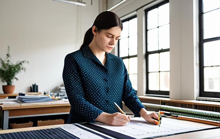 A professional female textile designer, wearing a modest and appropriate professional dress, fully clothed. She is standing in a modern, sunlit fashion design studio. The studio is clean and organized, featuring large design tables with blueprints, fabric swatches, and drawing tools. Rolls of various high-quality fabrics are neatly stacked in the background. She is intently focused on a detailed fabric pattern, holding a ruler and a marking tool, indicating precision in the design process. Perfect anatomy, correct proportions, natural pose, well-formed hands, proper finger count, natural body proportions, professional photography, high-resolution, sharp focus, safe for work, appropriate content, fully clothed, professional.