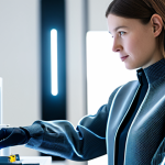 A professional female textile engineer, fully clothed in a sleek, modest, long-sleeved jumpsuit crafted from an advanced, intelligent fabric with subtly integrated, almost invisible light-emitting fibers, demonstrating interactive textile technology. She stands in a clean, brightly lit, futuristic textile research laboratory, with blurred high-tech equipment and sustainable material samples in the background. The ambiance is innovative and professional. Perfect anatomy, correct proportions, natural pose, well-formed hands, proper finger count, natural body proportions, safe for work, appropriate content, professional photography, high resolution, soft studio lighting.