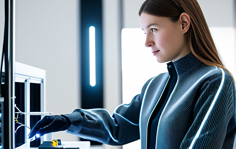 A professional female textile engineer, fully clothed in a sleek, modest, long-sleeved jumpsuit crafted from an advanced, intelligent fabric with subtly integrated, almost invisible light-emitting fibers, demonstrating interactive textile technology. She stands in a clean, brightly lit, futuristic textile research laboratory, with blurred high-tech equipment and sustainable material samples in the background. The ambiance is innovative and professional. Perfect anatomy, correct proportions, natural pose, well-formed hands, proper finger count, natural body proportions, safe for work, appropriate content, professional photography, high resolution, soft studio lighting.