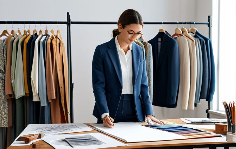 패션디자인과 패션포토북 - **

A fashion designer in their studio, surrounded by fabric swatches and sketches, fully clothed in...