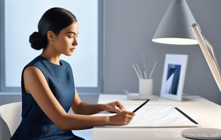 패션디자인과 패션패턴 분석 - **Prompt:** A professional female fashion designer in her late 20s, with a focused expression, sits ...