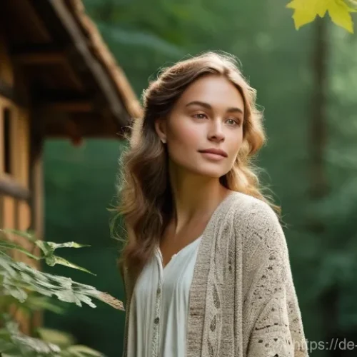 패션 에디토리얼 디자인 - **Sustainable Serenity in Nature's Embrace**
    A young woman (aged 18-24), with a radiant, natural...