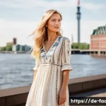 패션디자인과 패션상품 트렌드 분석 - **Prompt:** A young woman with blonde hair, styled in a modern "Boho Chic" outfit. She is wearing a ...