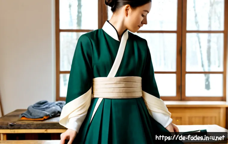 패션디자인과 한복 디자인 - Photorealistic fashion design studio in Berlin, a German fashion student draping a modern hanbok-ins...