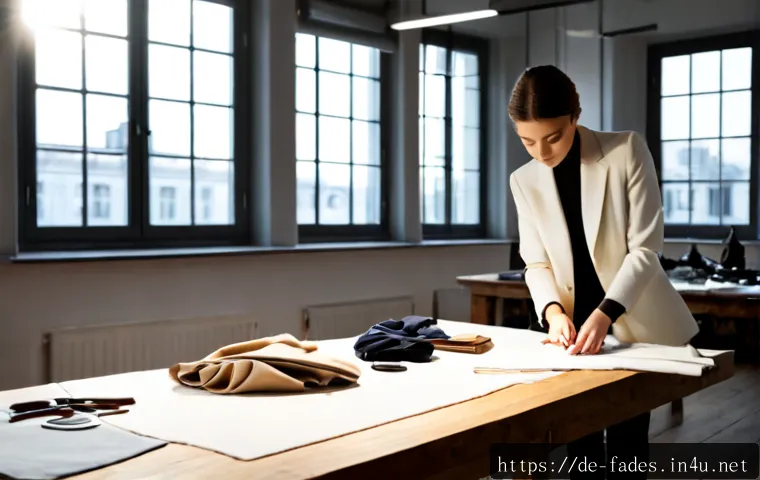 패션디자인과 패션유통 채널 - Photorealistic fashion design studio in Berlin, a young designer arranging neutral-toned garment sam...