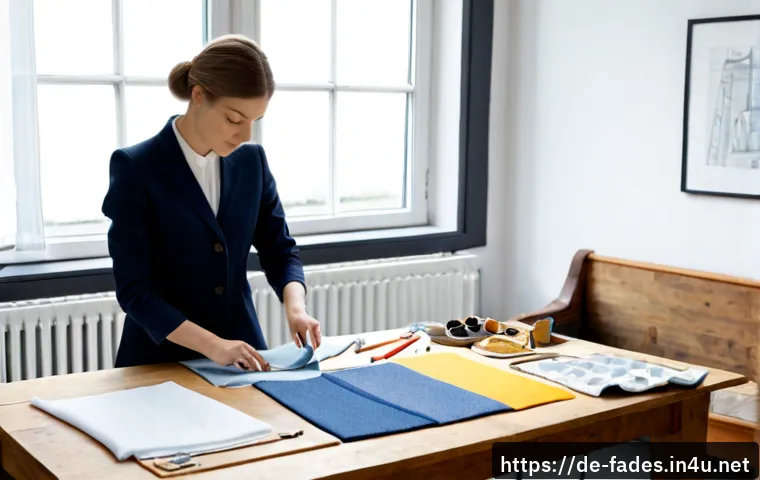 Home 30 패션디자인과 패션스타일 분석 - Photorealistic fashion design studio in Berlin, a German fashion student arranging fabric swatches, ...